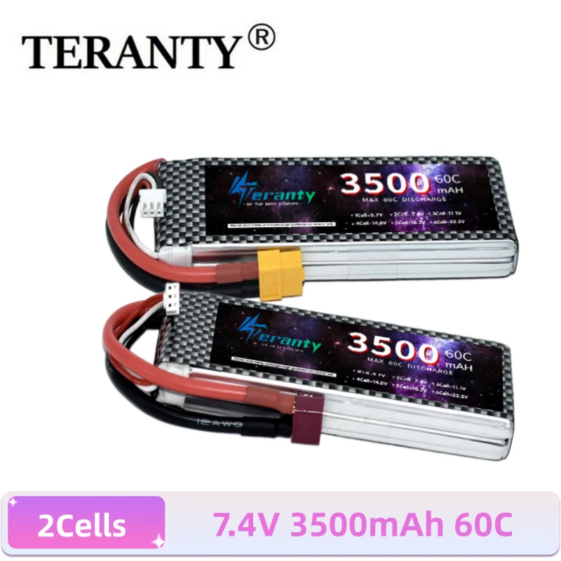 TERANTY 2 Stück 2S 7,4V 3500mAh 60C Hochleistungs-LiPo-Akku Wiederaufladbare Energiequelle für RC FPV Drohne Rennquadcopter Hochgeschwindigkeitsauto