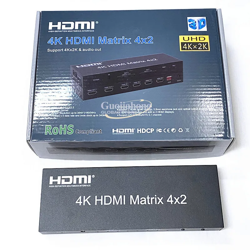 4K   switcher/splitter 4 in 2 out high definition   Matrix 4x2 with remote control/audio separation