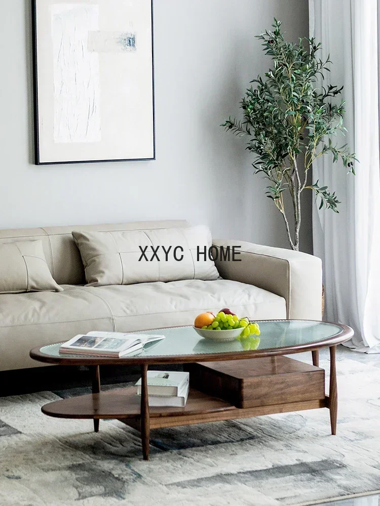 

Solid Wood Tea Table Black Walnut Nordic Light Luxury and Simplicity Tempered Changhong Glass Living Room Furniture