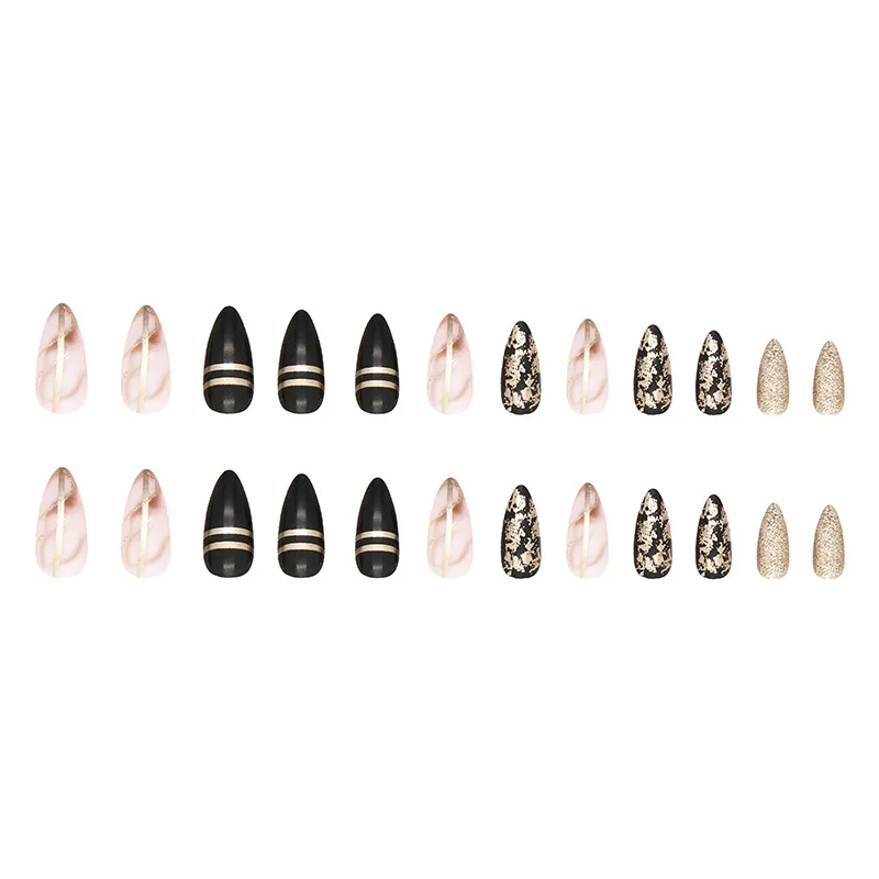 

Black Almond Nail Dark Amber Gold Foil Wearable Fake Nails Spice Girl Sweet Cool Style Nail Art