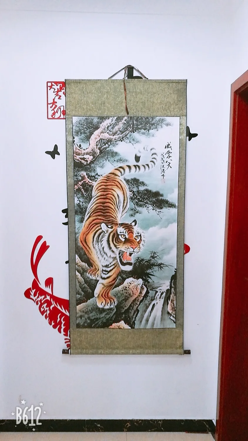 Large -TOP business gift # Home office WALL Decorative art Tiger Money Drawing GOOD Luck Mascot FENG SHUI ART painting