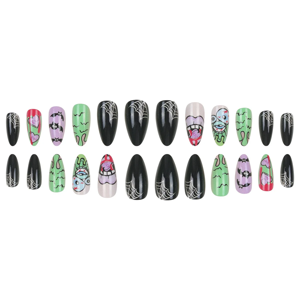 24 Stuks Halloween Graffiti Anime Stijl Nep Nagels Met Spinneweb Ontwerpen Druk Op Nagels Lange Amandel Franse Valse Nagels Afgewerkte Nagels