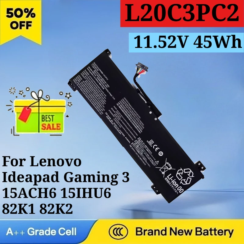 New L20C3PC2 11.52V 3910mAh 45Wh Laptop Battery for Lenovo Ideapad Gaming 3 15ACH6 15IHU6 82K1 82K2 L20M3PC2 L20L3PC2 L20D3PC2