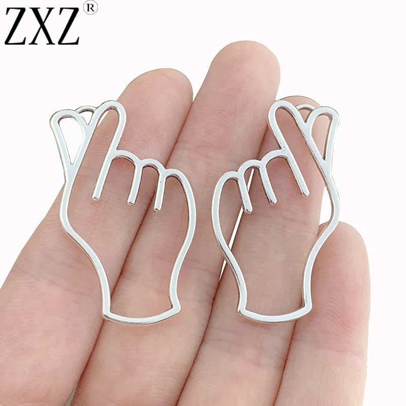 ZXZ 10pcs Tibetan Silver Open Hollow Love Heart Hand Sign Charms Pendants 2 Sided for Bracelet Necklace Jewelry Making 42x24mm