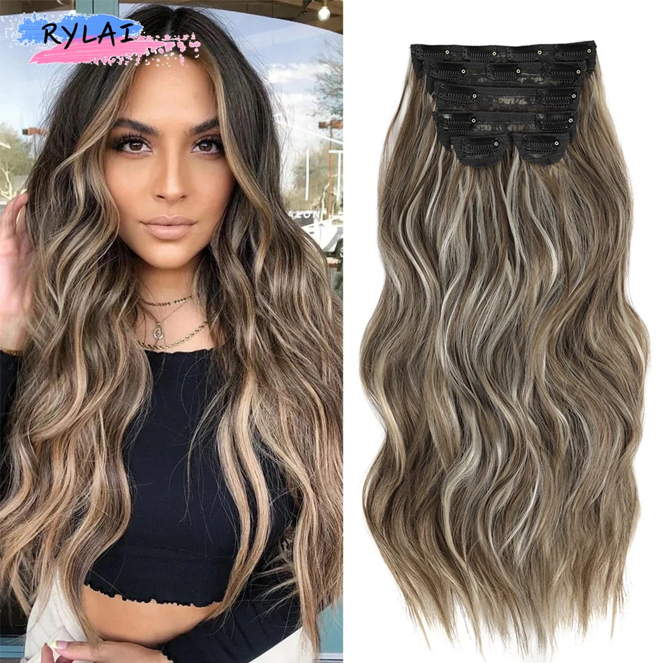 Synthetic 6Pcs/Set Long Wavy Clip in Hair Extensions 22Inch Piano Color Clip in Hairpieces Thick Hair Piece for Girls/Women