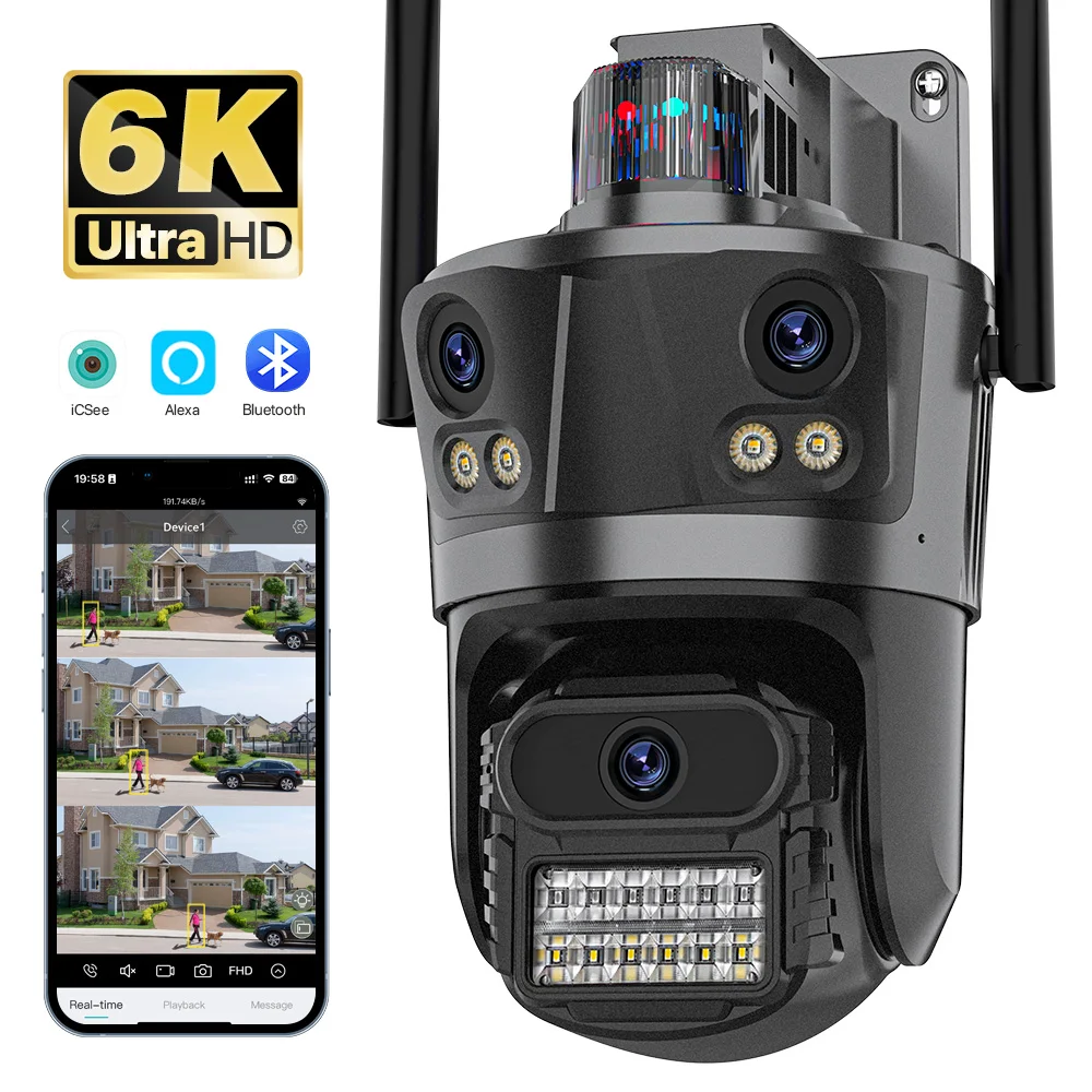 Outdoor 6K HD Three Lens WiFi PTZ Camera 4K 8MP External Dual Lens Auto Tracking Camera Home Security Surveillance Camera iCsee