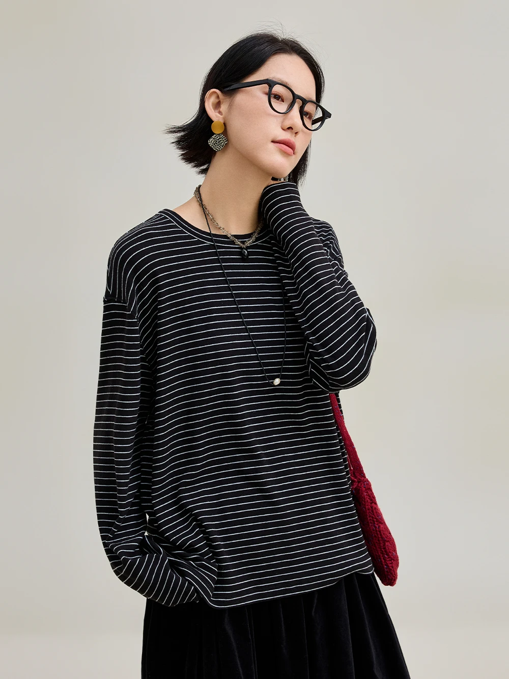 

Мягкая, приятная к телу футболка из смесового хлопка с длинным рукавом, круглым вырезом, в полоску, с эффектом пушистости, базовый слой, женская, для повседневной носки, свободного кроя