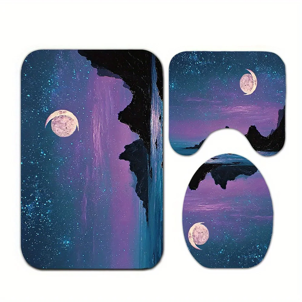 

3PCS Galaxy Night Sky Pattern Bathroom Rug Set Crescent Moon Starry Toilet Mat Non Slip Floor Mats Water Absorbent Home Decor