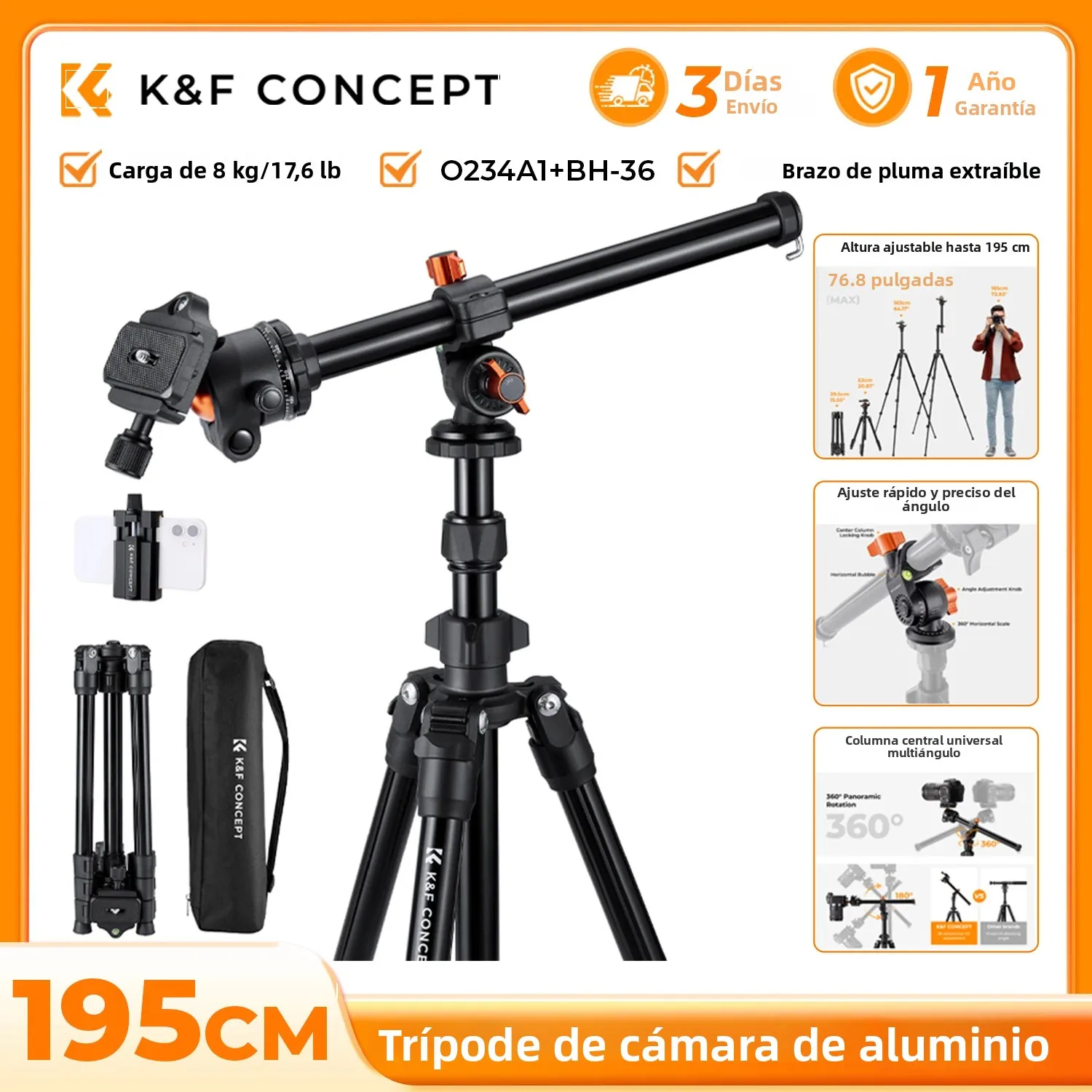 K&F CONCEPT Trípode de cámara de 76 pulgadas Columna central giratoria multiángulo Carga de 8 kg/17,6 lb Nuevo trípode DSLR ligero para viajes al aire libre