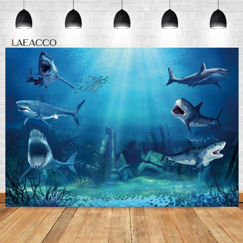 

Laeacco Great White Shark Backdrop Underwater World Ocean Animal Boys Kids Birthday Portrait Customized Photography Background