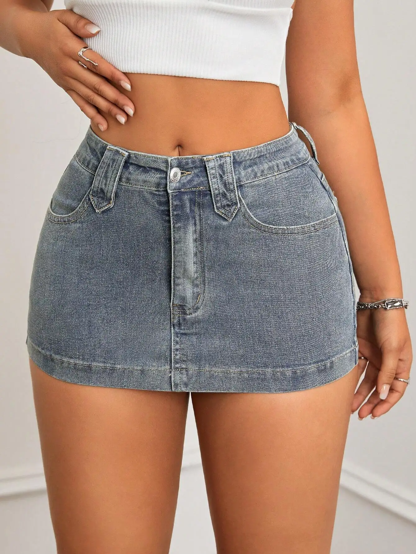 Washed Slim-Fit Mini Denim Skirt with Distressed Hem