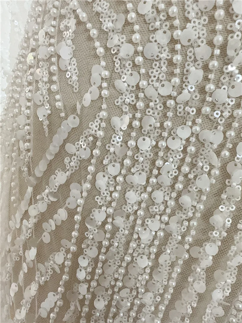 2024 New Style White Gorgeous Strip Unique Style Fashion High Quality Pearl Bead Sequins Wedding Dress Gown Lace Fabric