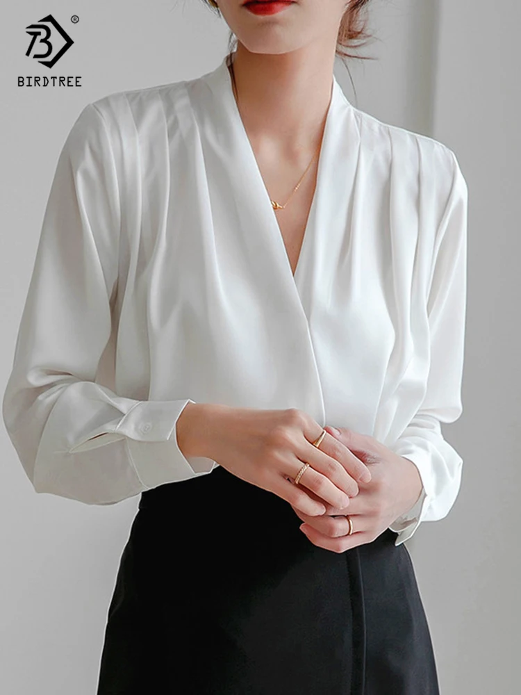 2022 Spring New Arrival Women Elegant Satin Blouse Lantern Sleeve V-Neck Office White Shirt Vintage Autumn Casual Tops T24402X