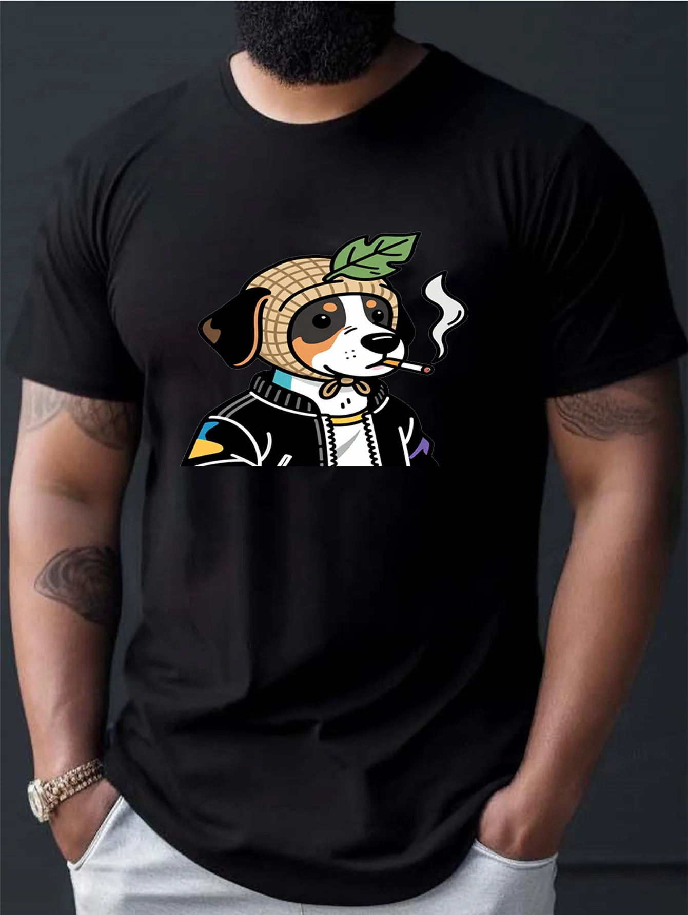 Men's Fun Thai Cat T-shirt with UFO Pattern - A Breathable Black Short-sleeved Shirt with Selfie Design A Casual Round-neck Top