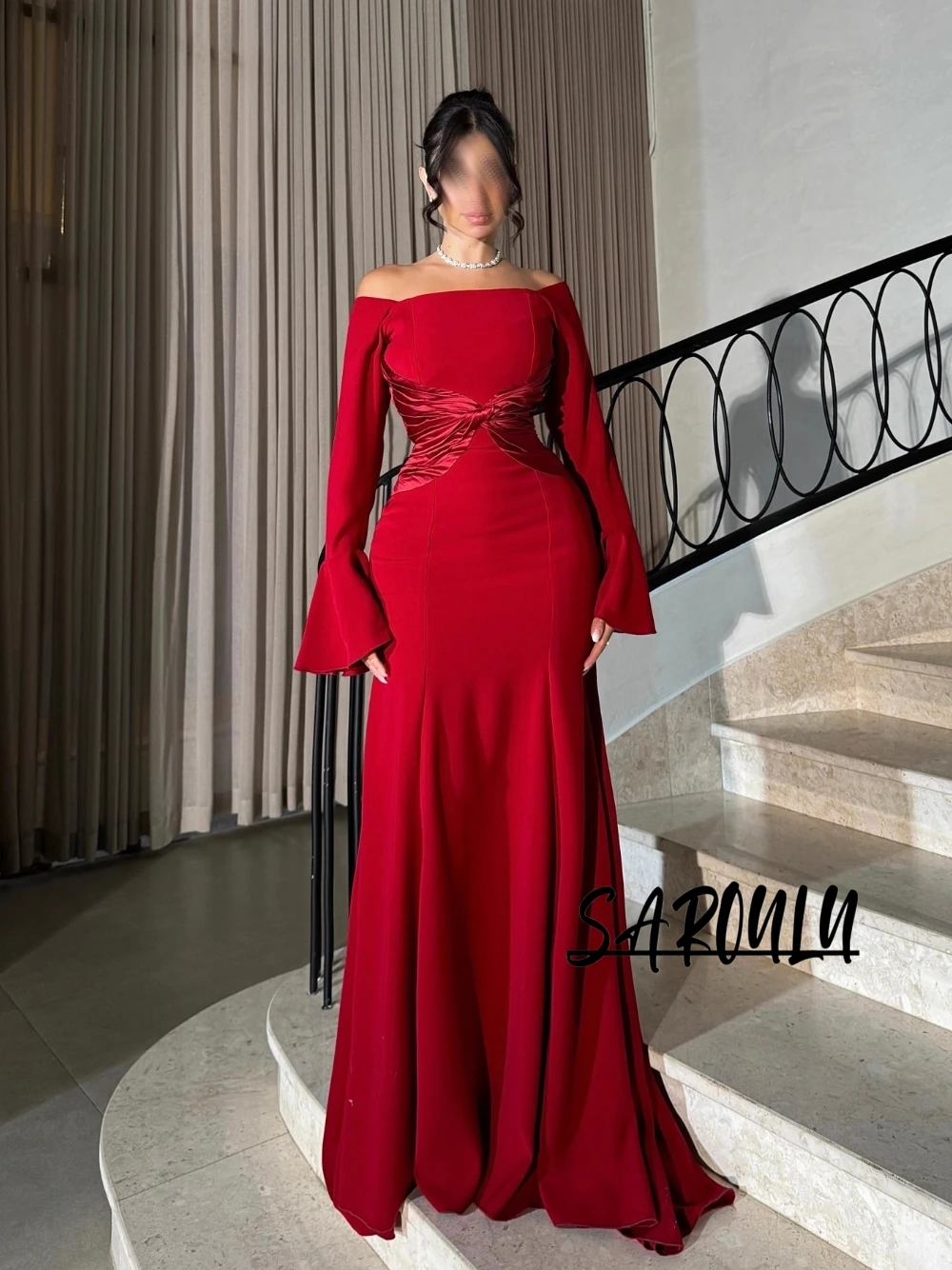 

Red Ruched Elegant Flare Sleeves Evening Dress Classic Banquet Muslim Mermaid Prom Gown Simple Stunning Celebrity Wear