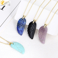 CSJA Angel Wing Necklace Natural Stone Crystal Tiger Eye Amethysts Necklaces Gold Color Stainless Steel Chain Jewelry Gift H591