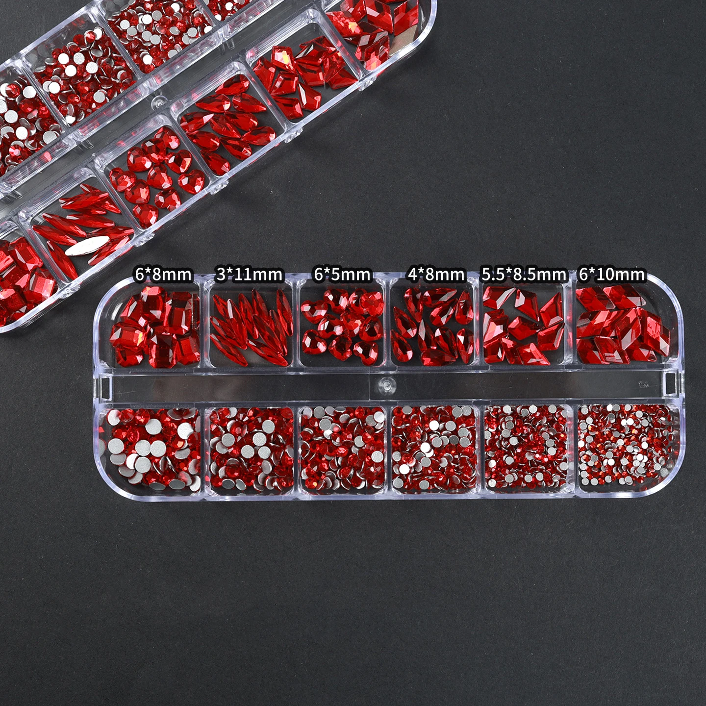 12 Grids Bling Ruby Red Flatback Glass Diamonds Nail Rhinestones Multi-Size Mix Shapes Gems DIY Manicure Decoration Accessories