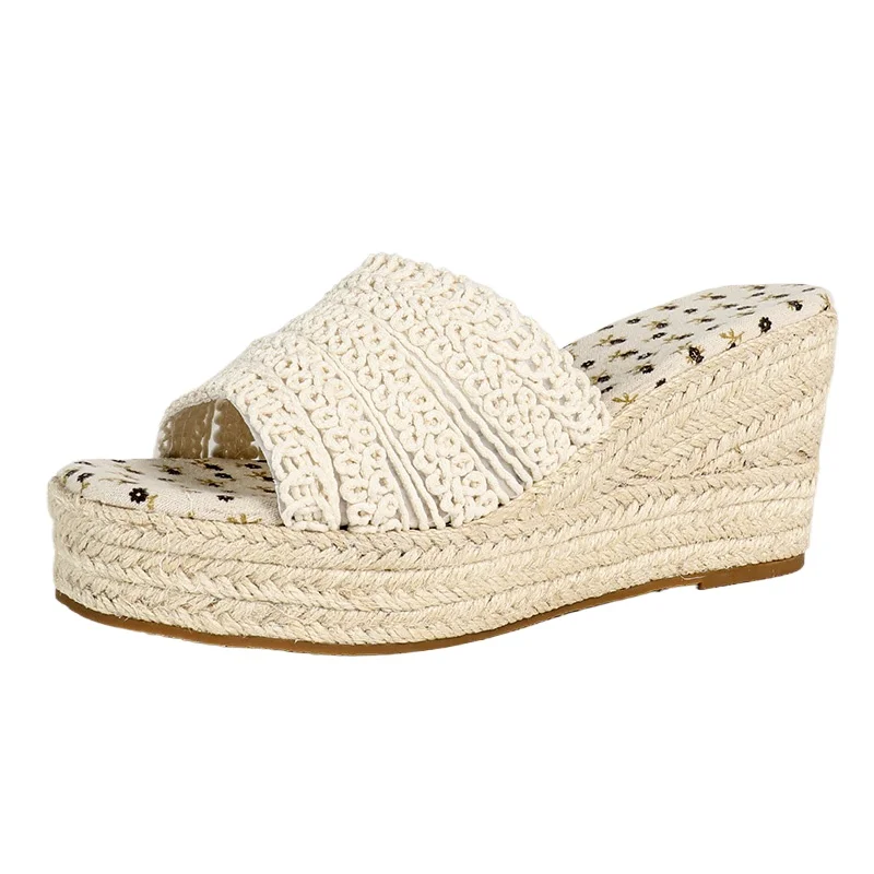 Hemp Summer Retro Shoes Women High Heels Sandals Elegant Ladies Party Shoes Wedges Heel 10cm Plus Size 42 D1009