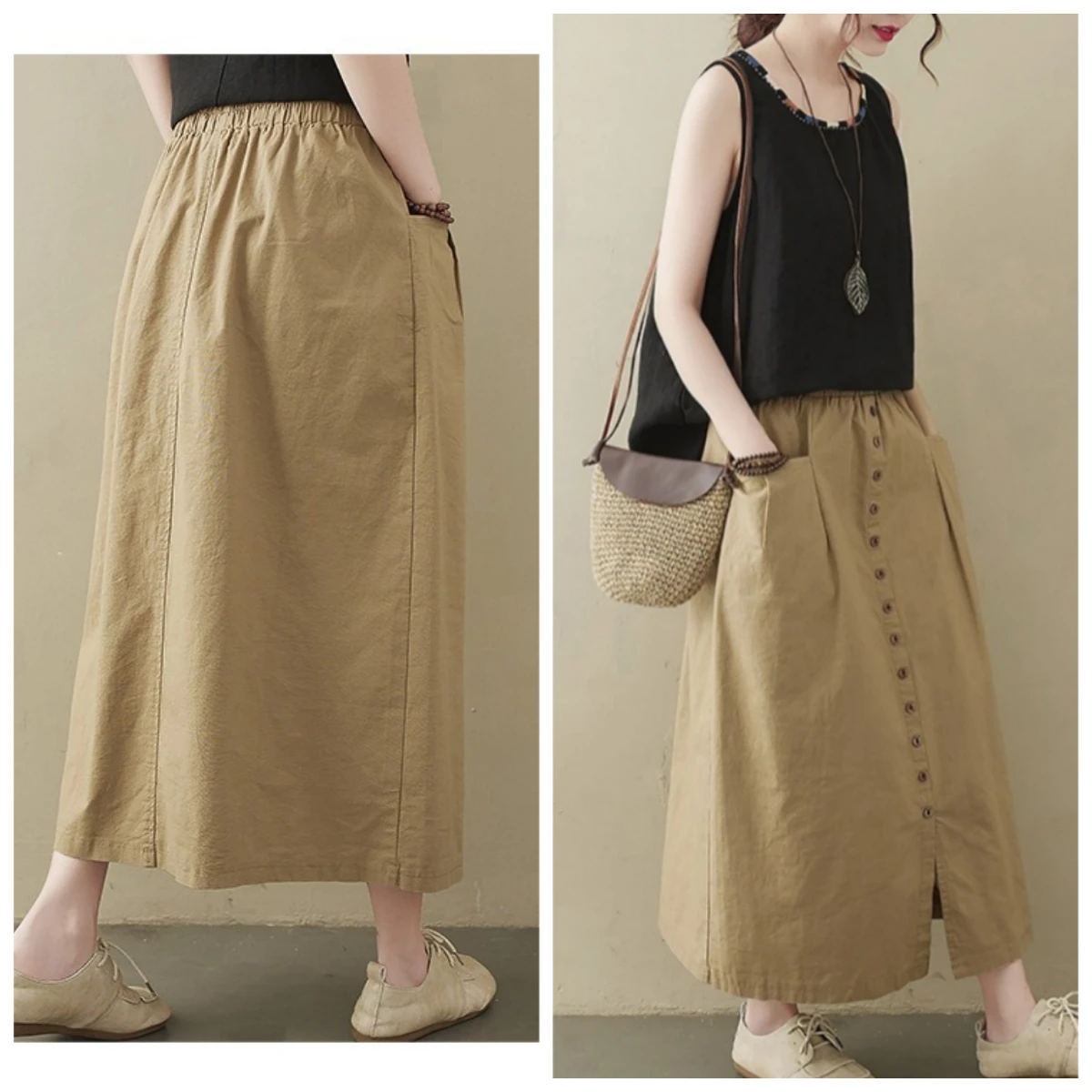 2026 New Arrival High Waist Open Split Button Cotton Vintage Women Summer Casual Skirt Fashion  Lady Work Midi Skirts