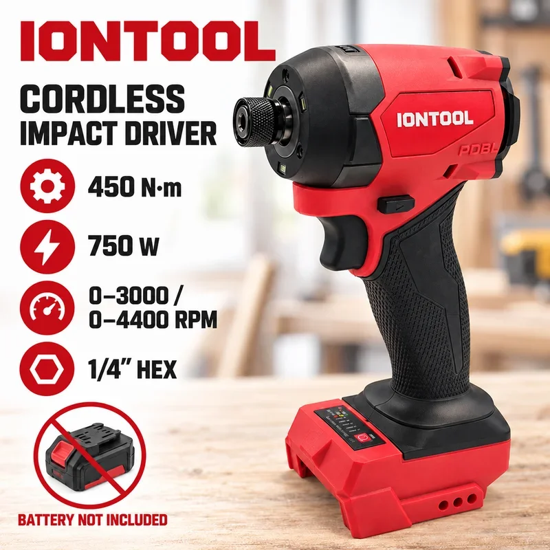 IONTOOL 450N Cordless Impact Driver 1/4 Inch Hex Drive Dual Speed Red Body for Timber Fastening and Equipment Repair Bare Tool