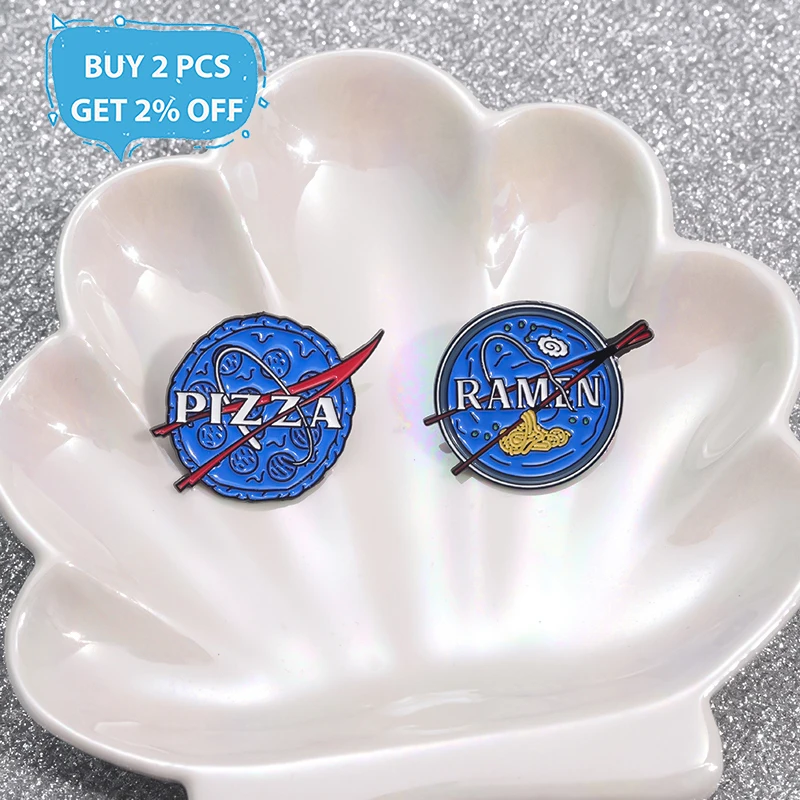 Space Astronaut Enamel Pins Custom RAMEN PIZZA Food Exploring Space Brooches Lapel Badges Punk Jewelry Wholesale Gift for Friend