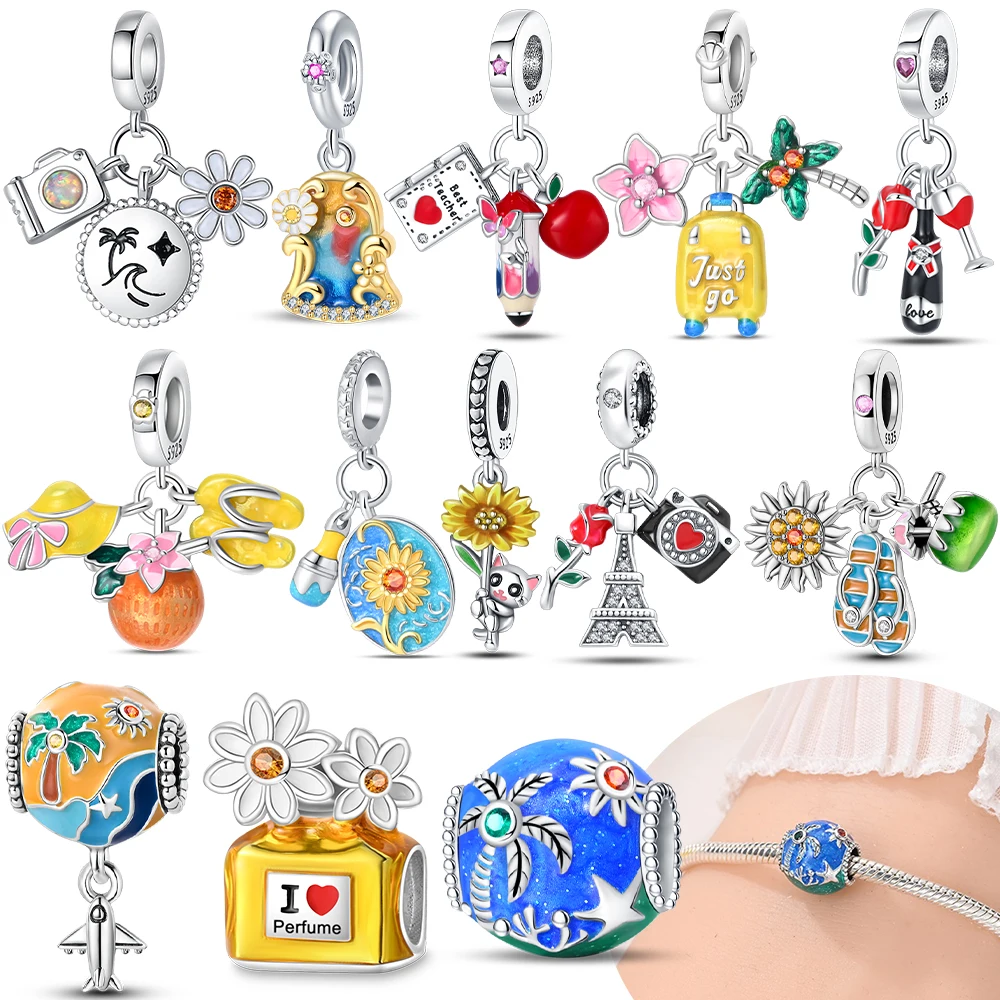 Abalorios Originales Plateados con Diseños de Playa, Viaje, Flor, Cámara y Perfume, para Pulseras, Llaveros de Bolso, Accesorio de Regalo DIY para Mujer