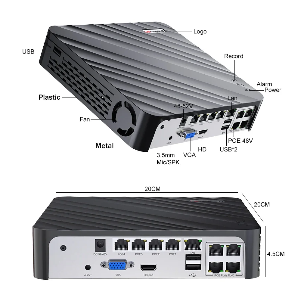 Network Video Recorder para Sistema de Câmeras de Segurança, 4K, 4CH, 8CH, Suporte 4K, 5MP, 4MP, Câmera PoE IP, H.265 PoE NVR, Face Car Detection