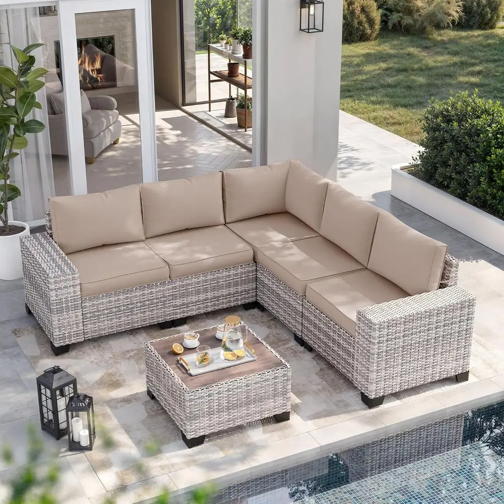 

6-Piece Outdoor Wicker Sectional Patio Furniture Set with Cushions for Backyard, Poolside, Beige