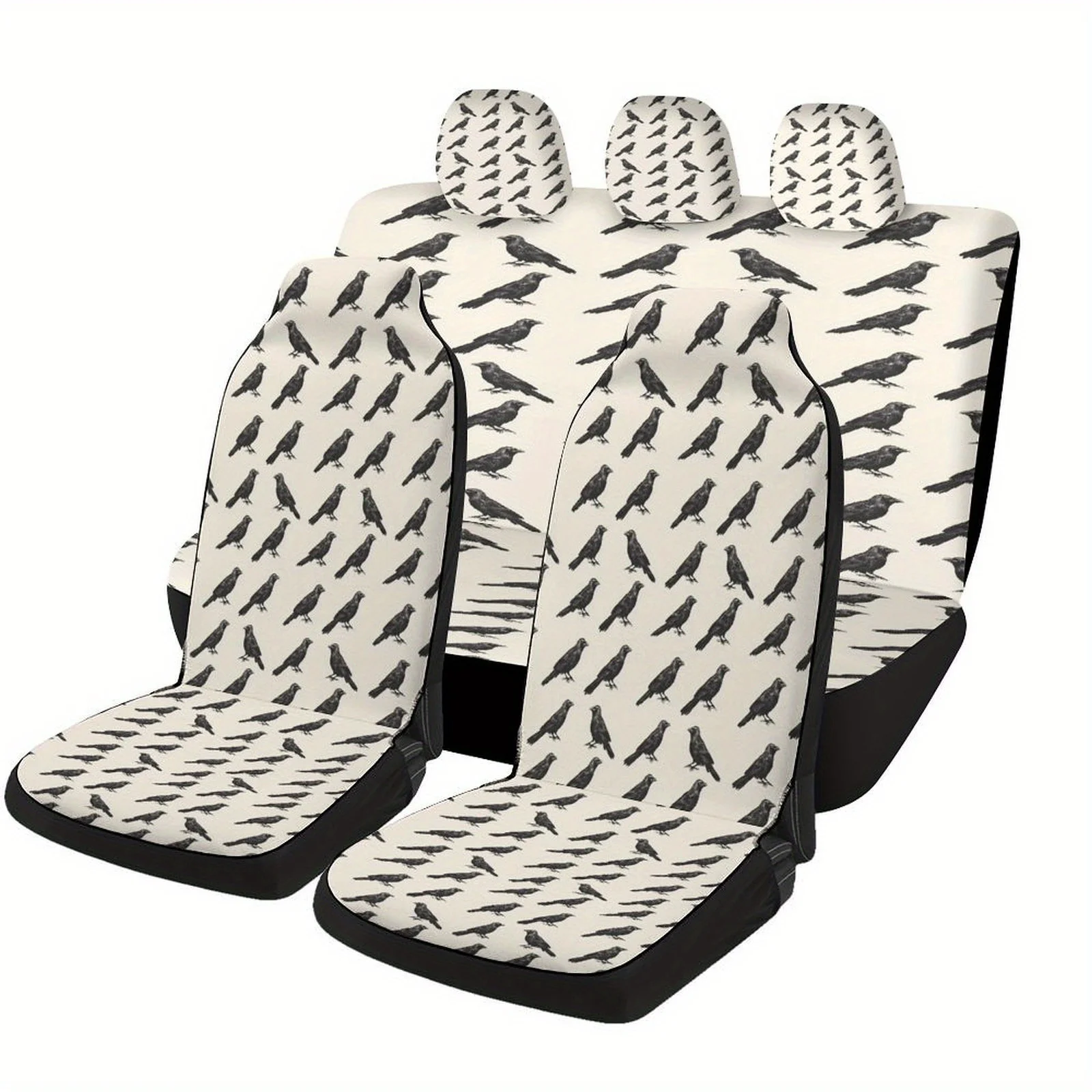 A Set Of Vintage Gothic Car Seat Covers Featuring A Raven Design, Suitable For Most Vehicles. This Trendy Novelty Set Includes F