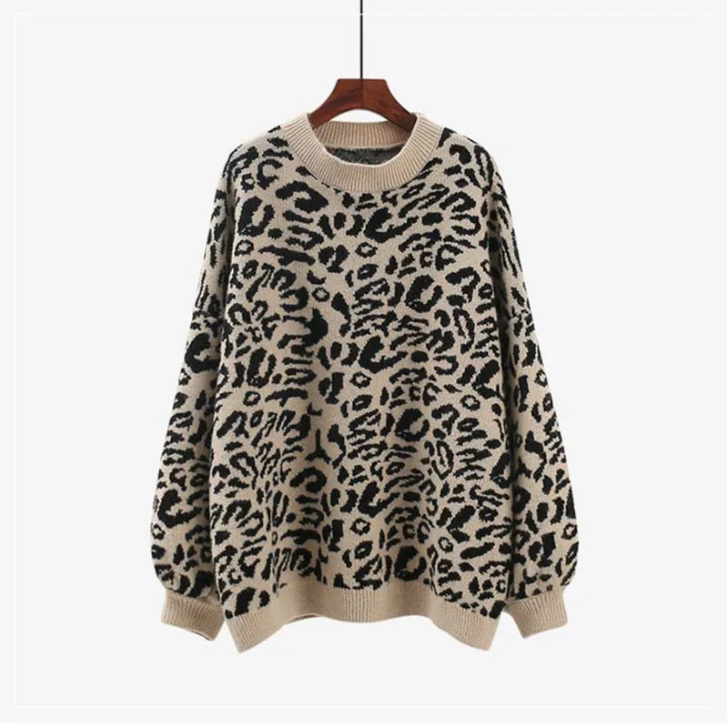 Warm Leopard Knitted Sweater Women Casual Autumn Winter Pullover Long Sleeve Loose Ladies Tops