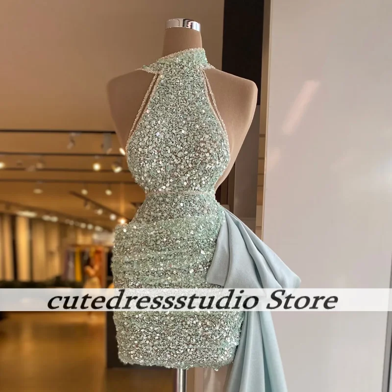 

Exquisite Light Blue Halter Birthday Dresses For Women Luxury Sequin Sleeveless Short Cocktail Gown Mini Prom Gowns Customized