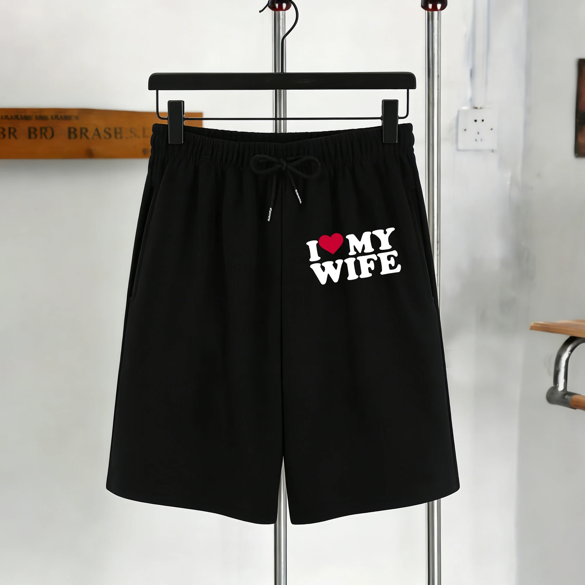 

I Love My Wife Printing Mans Pocket Pants Summer Vintage All-Match Black Basics Sweatpants Unisex Drawstring Loose Soft Shorts