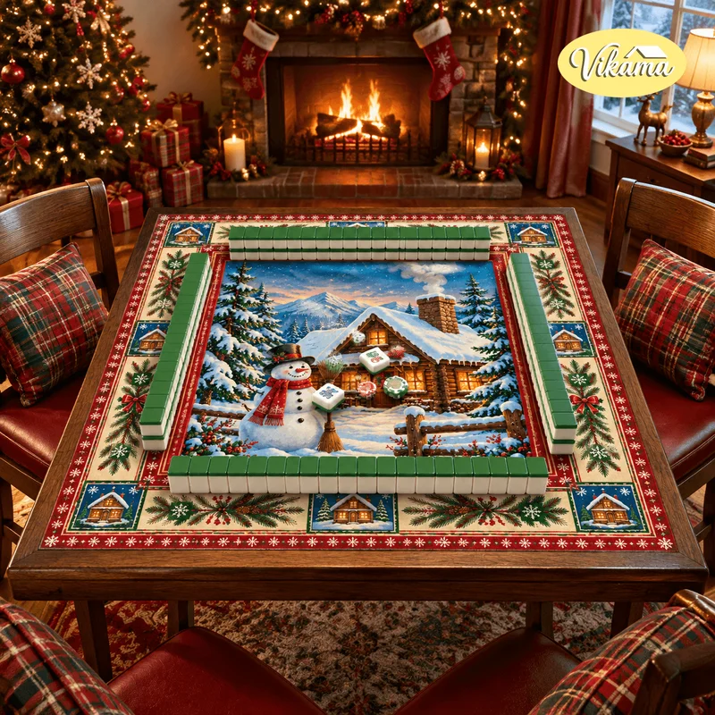 VIKAMA Snowman Log Cabin Christmas Mahjong Table Mat Tartan Pine Anti Slip Noise Reduction Game Mat for Xmas Game Night Gift