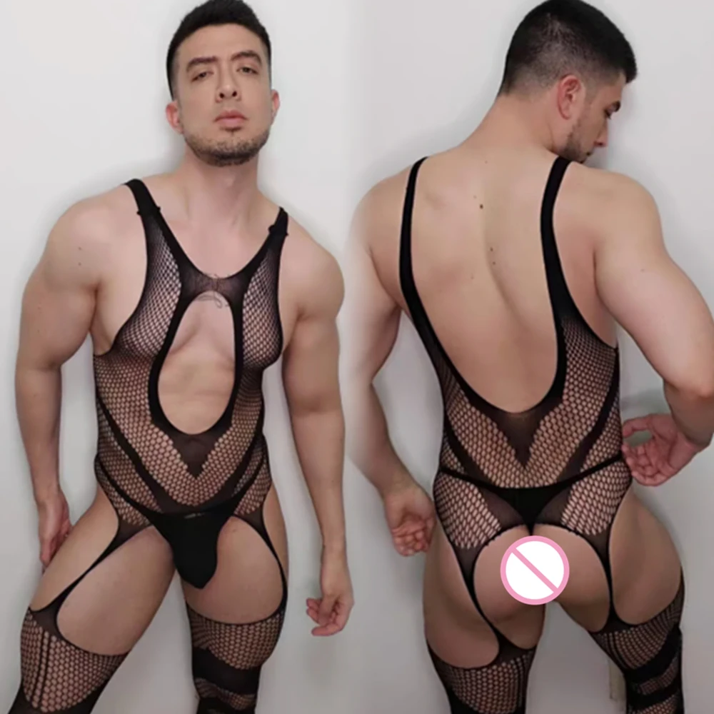 Men Hollow Out Fishnet Full Bodysuits Sissy Jumpsuit Bodystocking Sexy Lingerie Gay Black Breathable See Through Romper Bodysuit