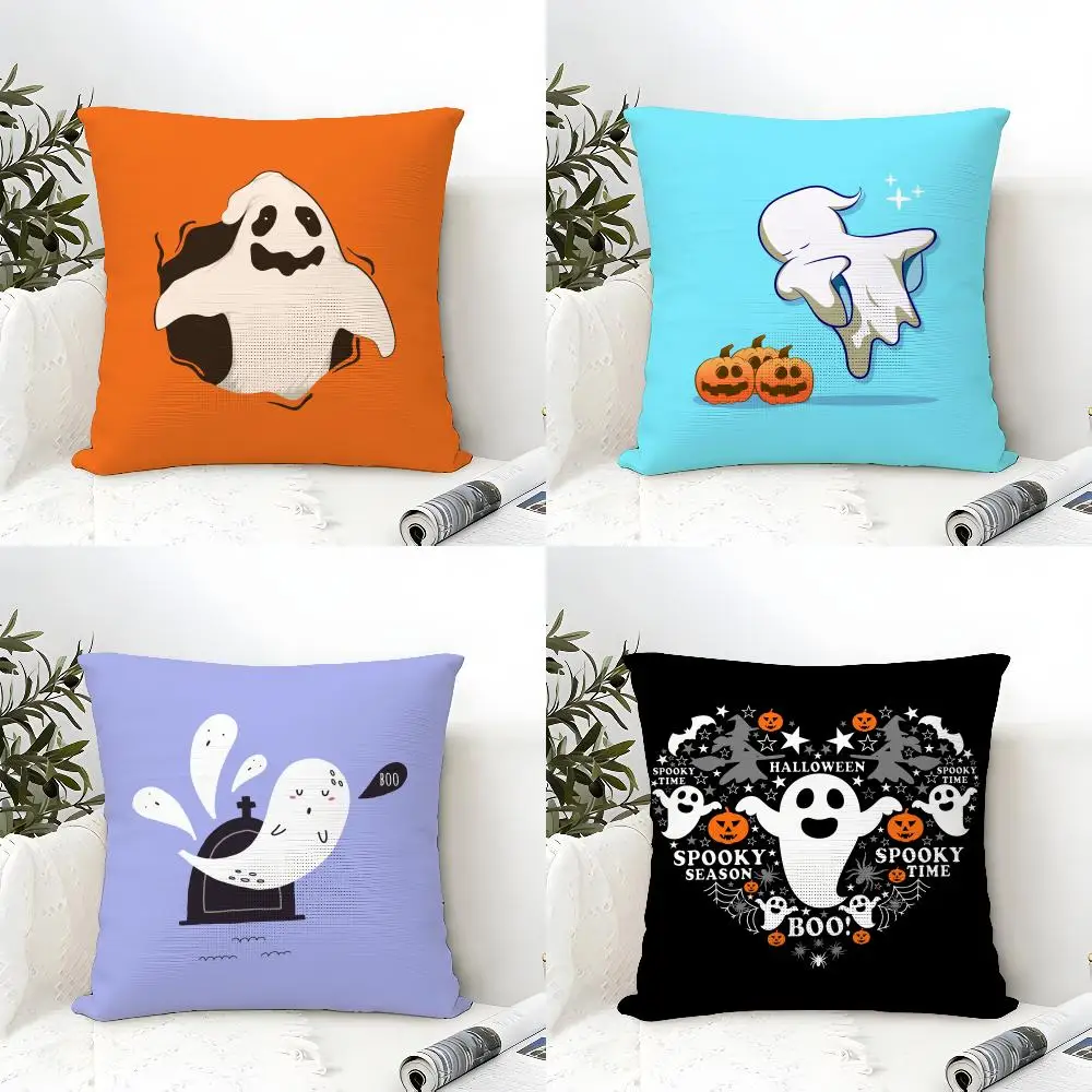 Halloween Spooky Ghost Cushion Cover Eco Linen Pillow Case Double-Sided Print Breathable Durable Zipper Home Decor Gift