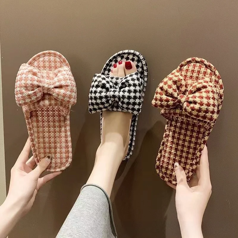 

New Knot Flat Bottom Linen Slippers Women's Slimming Outdoor Wear Dual Use Ultra Light Thin Plaid Slippers