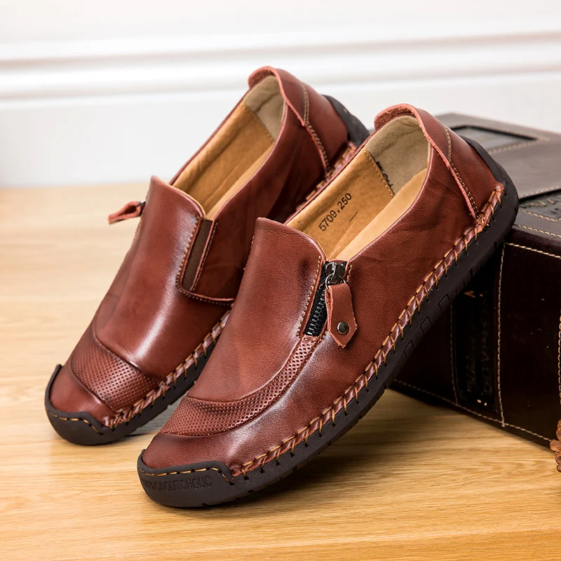 New hand-stitched business casual leather shoes round toe soft sole comfortable trendy shoes stylish versatile walking shoes