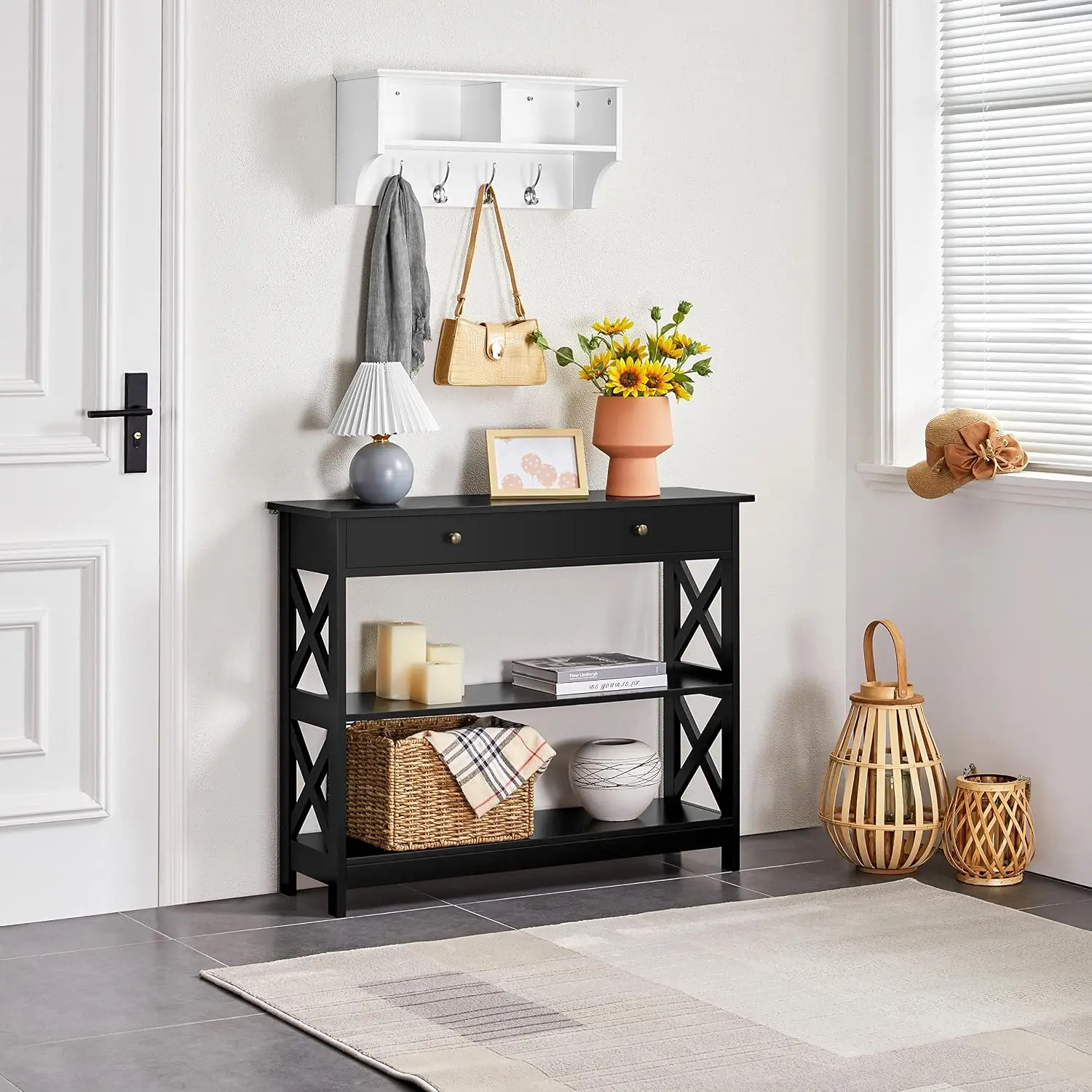 Narrow Entryway Console Table with Drawer, Storage Shelf, Black | X-Frame Painted MDF Build, Drawer and 2 Open, Customized
