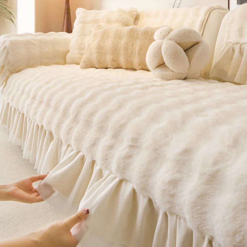 Solid Soft Rabbit Plush Skirt Sofa Cushion High Quality Easy-Care Autumn and Winter Couch Covers Skin-Friendly Warm Sofa Pad
