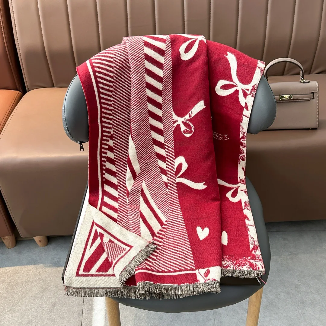 Bufanda roja con lazo para otoño e invierno, chales y chales Pashmina para mujer, manta de Cachemira, estolas gruesas y cálidas para mujer, Bufanda para exteriores