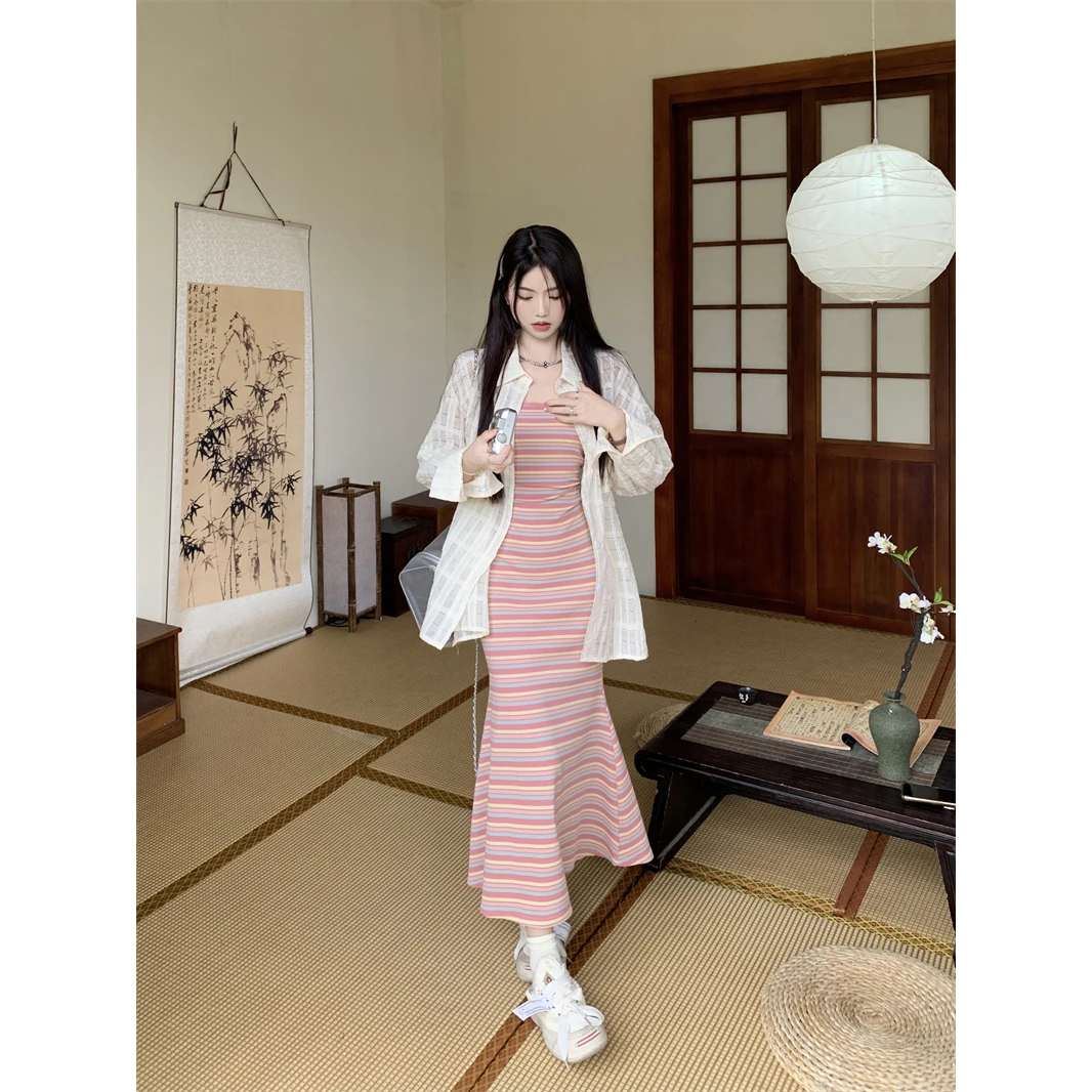 Summer 2025 New Pink Stripe ter Ne Dr Women's Rainbow Long Dr Beachside Dopane Waist Cinched Clothing Skirt