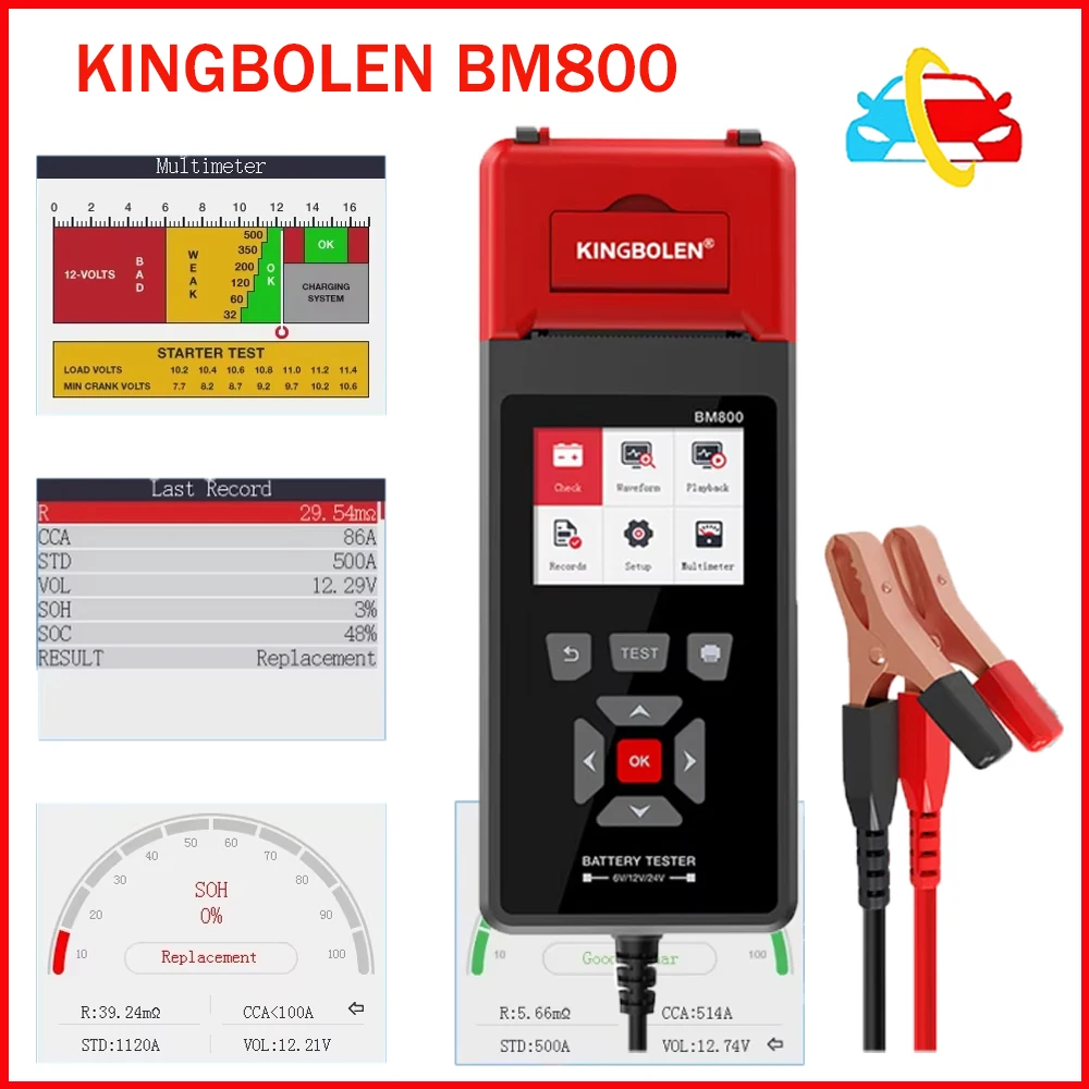 

KINGBOLEN BM800 Car Battery Tester with Print function 6V 12V 24V Battery Analyzer Cranking Test Charging Test Max Load