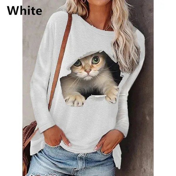 2023 Autumn Winter Womens Clothing Casual Loose T-Shirts Femme Long Sleeve Hoodies Cute Cat Print Pullover Ladies Round Neck Top