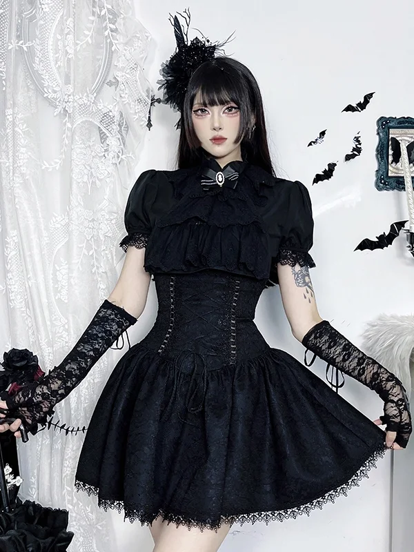 Amerikaanse subcultuur gothic zoete hete meisjessets zwart kant shirts met korte mouwen hoge taille vetersluiting slanke rokken tweedelige set dames
