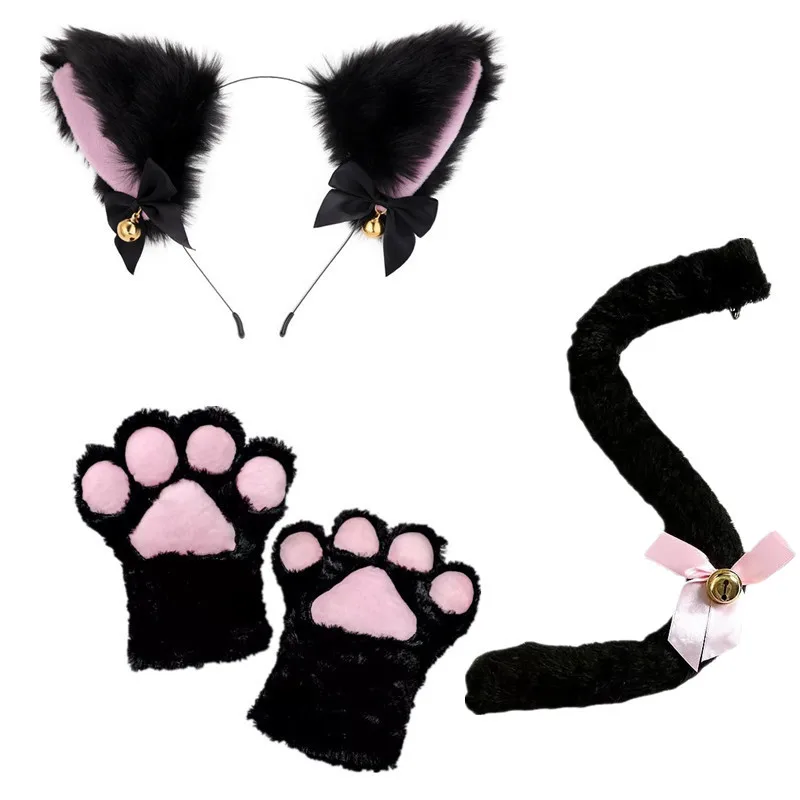 Halloween-Party Katzen-Kopfband Halskette Krallen-Handschuhe Schwanz-Sets Cosplay Plüsch-Glocken-Haarband Maskerade-Kopfbedeckung Haar-Accessoires – Detail 6