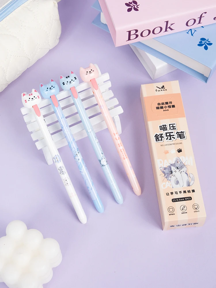 Stylo à encre gel chat mignon pour étudiants, stylo à encre gel à séchage rapide, tirage de langue, cadeaux créatifs, écriture, noir, 0.5mm, ensemble de 4 pièces