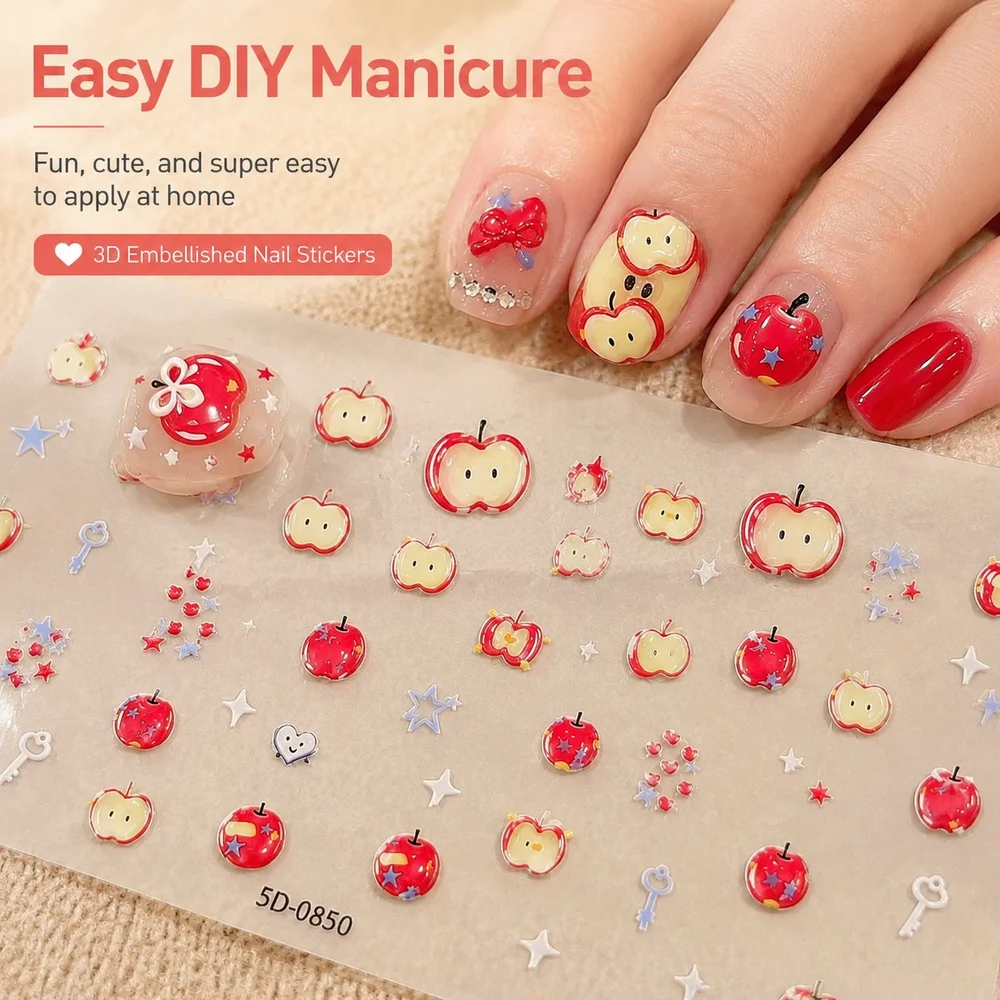 1Pc Sweet Cartoon Red Apple 5D Raised Nail Decals Multicolor Bow Star Stickers Women Casual Kawaii Nail Art Tools