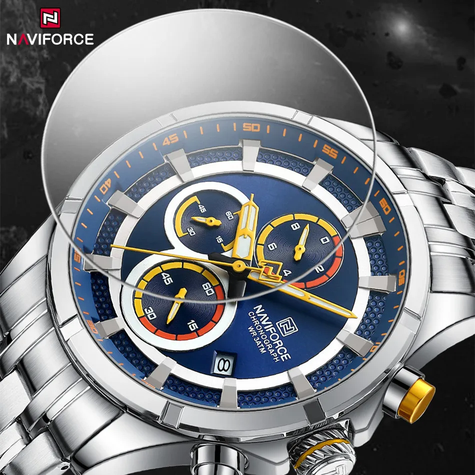 NAVIFORCE Original Luxury Watches For Men Stainless Steel Band Calendar Quartz Wristwatch Waterproof Luminous Clock Reloj Hombre