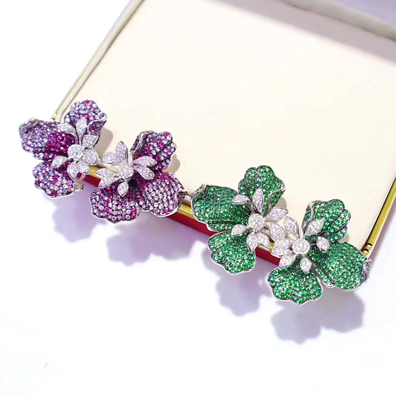 ZOCA Luxury Craft Handmade Half Flower Earrings 925 Sterling Silver Red Blue Green Zircon Boutique Jewelry Ladies Gift Party