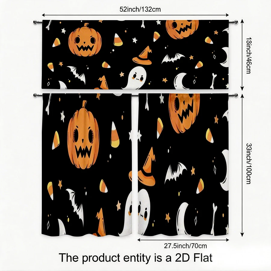 Halloween Fall Kitchen Curtains, Black Pumpkin Ghost Bat, Digital Print, Kitchen Dining Room, Rod Pocket Polyester, Home Decor